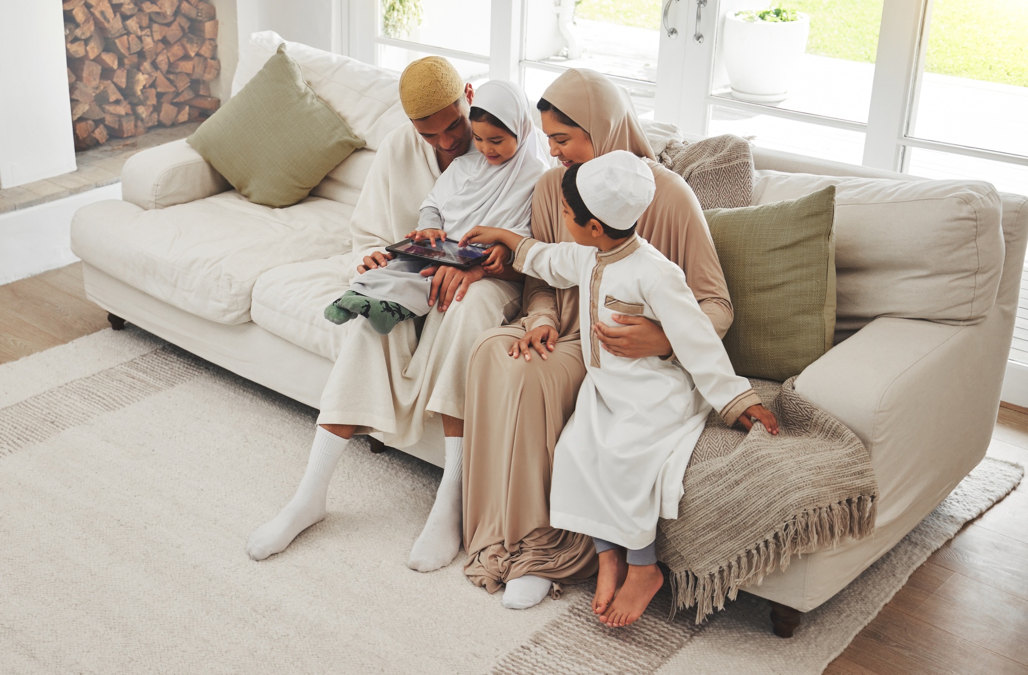 Family house, children or Muslim parents with tablet for elearning, Islamic info or studying in All