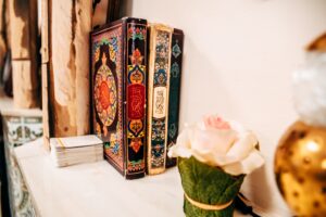 Koran books stacked inside an altar in a mosque.