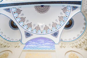 Low angle view of ceiling with ornamentation in Çamlıca Mosque